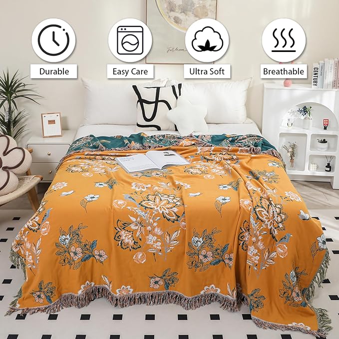 Boho Throw Blanket, 100% Organic Cotton Breathable Skin-Friendly Ultra Soft 50" x 60" Bed Yellow Throw - Floral Rustic Decor Luxury Reversible Blanket for Sofa Couch Chair and Gift,