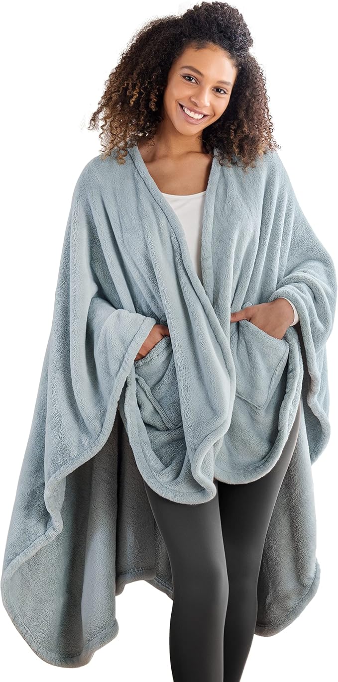 Berkshire Blanket Primalush™ Wearable Blanket, Cozy Loungewear Pocketed Plush Cape Wrap for Adults & Teens(Hazy Sky Blue, One Size 58"X64")