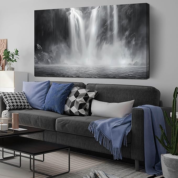 Waterfall Pictures for Living Room - Landscape Black and White Canvas Wall Art for Office - Large Abstract Bedroom Wall Decor Above Bed Size 29" x 59"