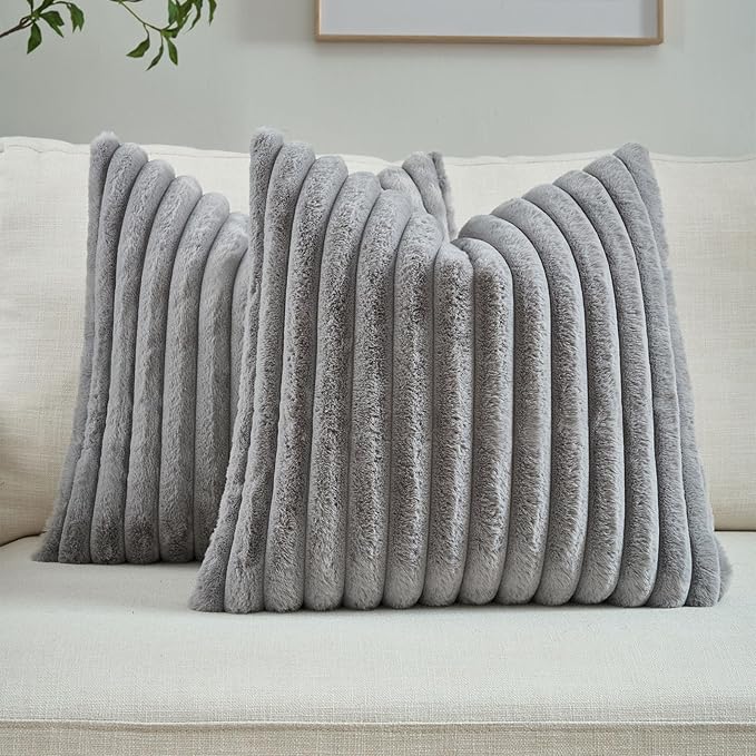FUTEI Grey Decorative Throw Pillow Covers Set of 2, 16x16 Inch Soft Fluffy Faux Fur Plush Striped Cushion Cases, Modern Home Decor for Couch Bed Living Room