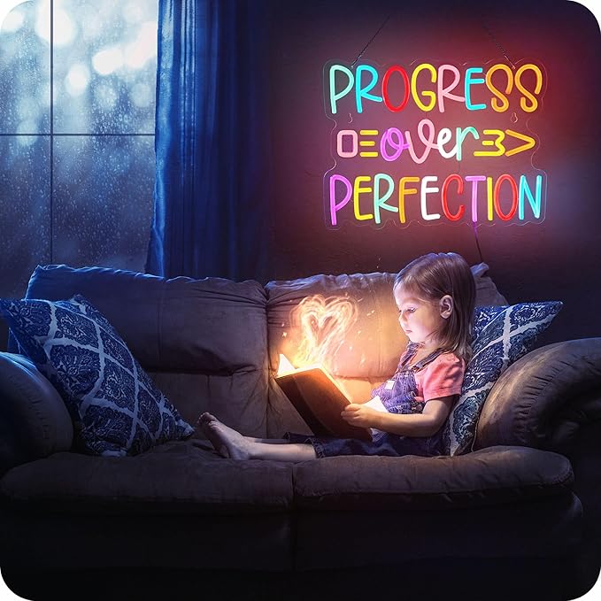 Progress Over Perfection Neon Sign, Positive Affirmation LED Light for Wall Decor Multicolored Signs for School Motivational Classroom Kids Room Home Compatible with Timer (15.7 X 12.6 in)