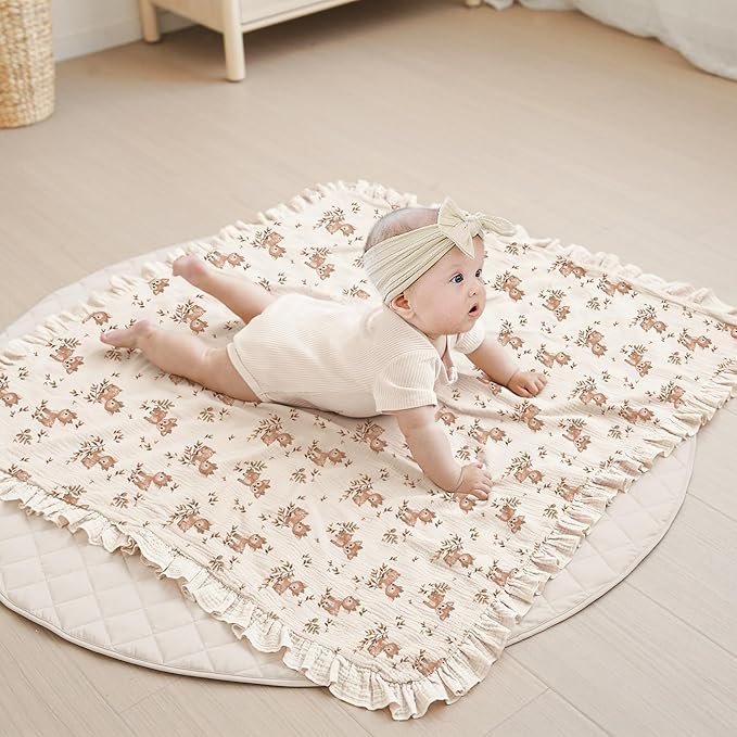 Konssy Flounce Muslin Baby Blanket for Girls Boys, 100% Cotton Soft Crib Swaddle Blankets, Reversible & Breathable Nursery Bedding for Newborns Toddlers, 40 x 36 Inches (Deer)