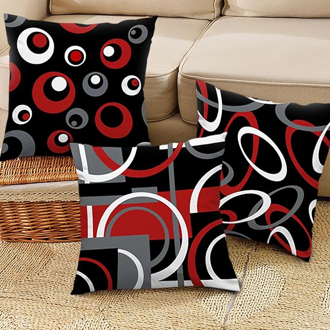 Black and Red Throw Pillow Covers 18x18 Set of 4 Grey Modern Abstract Geometric Decorative Pillow Covers Circle Pattern Pillowcases Decor for Couch Sofa Bedroom Outdoor
