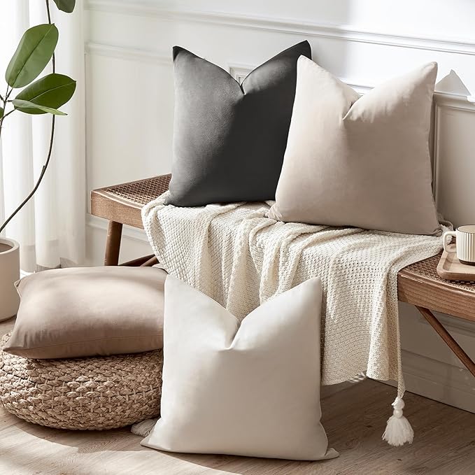 Throw Pillow Covers Set of 4 20x20 Inch Pillow Covers, Soft Velvet Neutral Beige Khaki Grey Pillowcases for Couch Sofa Bed Living Room, Home Boho Decor, Farmhouse Cushion Covers