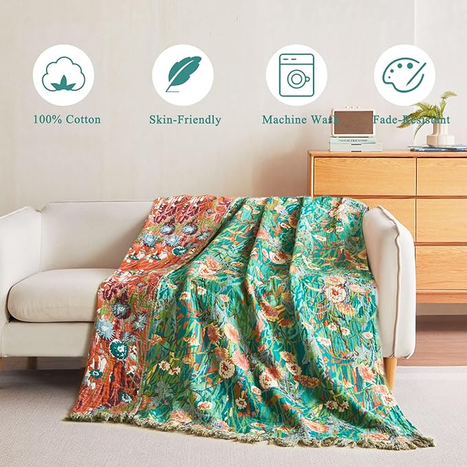 Boho Throw Blanket - 50"x60" 100% Cotton Ultra Soft Lightweight Spring Blanket, 4-Layer Breathable Muslin Blankets for Bed Couch, Reversible Green Floral Printed Bohemian Cotton Quilt