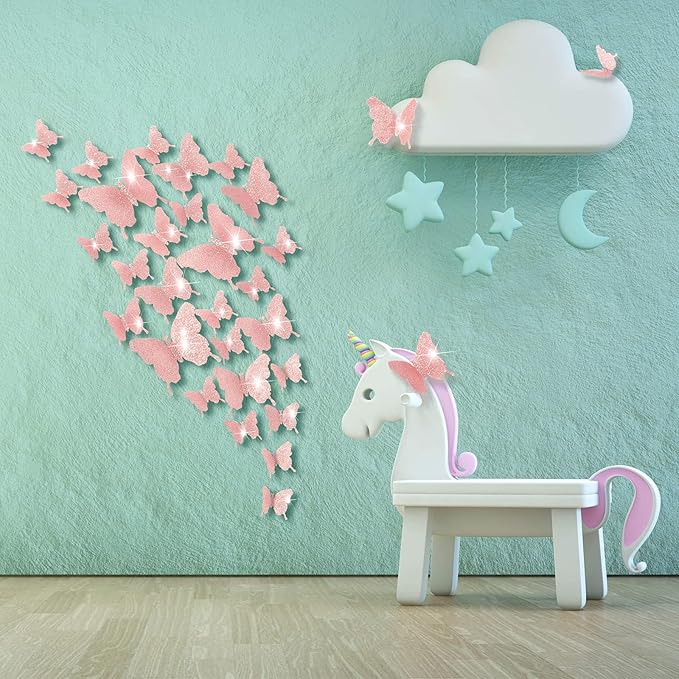 BBTO 48 Pieces Butterfly Wall Decor DIY 3D Mirror Butterfly Stickers Removable Decals Crafts for Birthday Party Bedroom School Bathroom Living Room Decor(Glitter Pink)