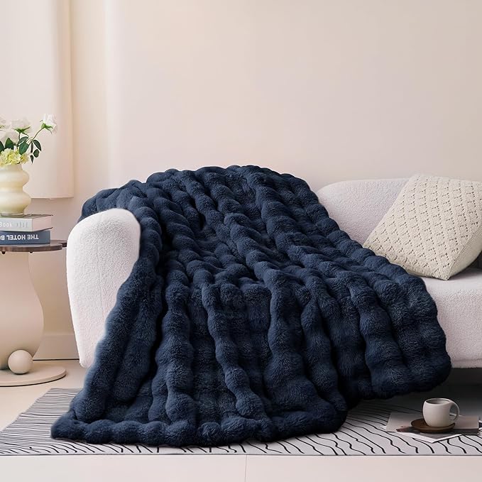 Comelady Faux Rabbit Fur Throw Blanket for Couch,Soft Fluffy Thick Bubble Blanket for Bed Sofa Room Decor-Lightweight Cozy Fuzzy Blanket Gifts for Women Men,Navy Blue,50"×60"