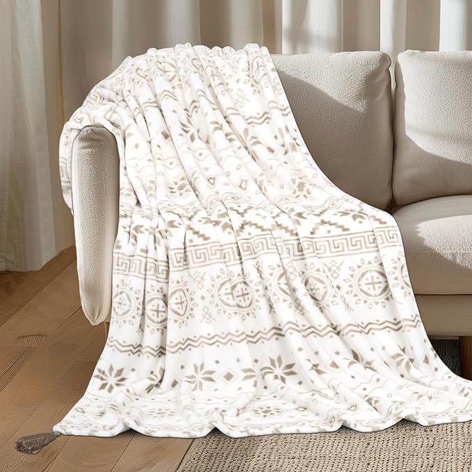 MACEVIA Flannel Boho Blanket for Couch, Country Western Aztec Blanket for Home Decor, Southwestern Throw Blankets with Tassel, Soft Cozy Printed Bohemian Blankets for Bed (Boho Beige02, 50x60inches)