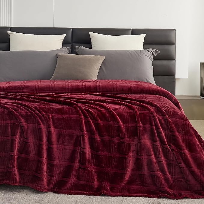 Super Soft Flannel Queen Blanket 90x90 Inches, Premium Checkered Jacquaed Silky Fleece Lightweight Bed Blanket All Season Use, Burgundy Strip, 90"x90"
