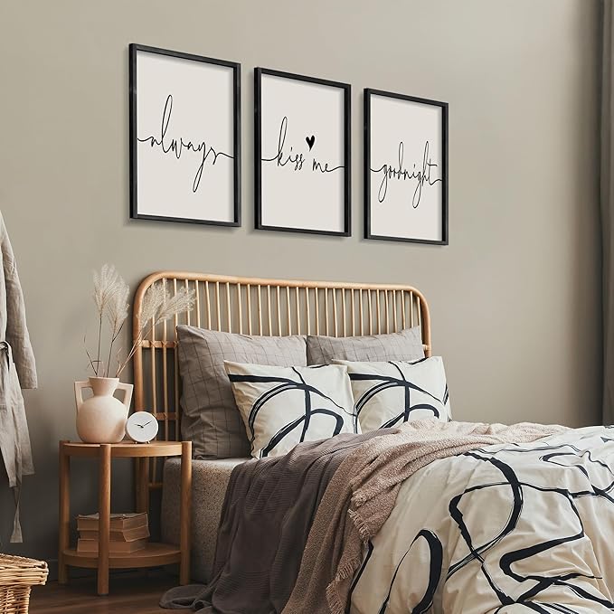 Houmury Set of 3 Framed Wall Art Always Kiss Me Goodnight Farmhouse Sign Bedroom Wall Decor for Master Bedroom Decor Wood Signs (Black, 16"x24")