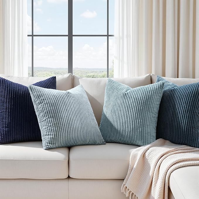 EMEMA Coastal Blue Decorative Throw Pillow Covers 20x20 Inch Set of 4 Boho Farmhouse Corduroy Striped Square Pillow Case,Western Modern Cushion Covers for Couch Bed Livingroom Home Decor