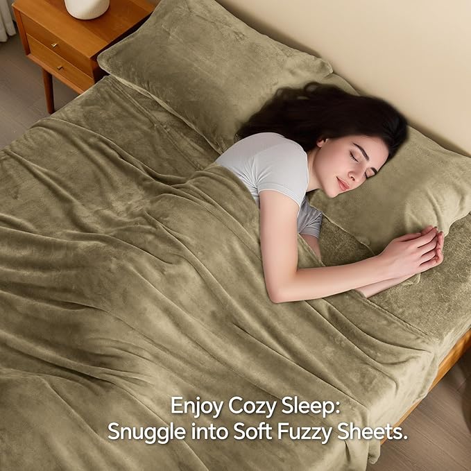 BEDELITE Flannel Sheets Full Size Camel - Super Soft Fleece Sheets Set Fluffy Extra Plush, 4 Piece(Include Fitted Sheet, Flat Sheet, 2 Pillowcases)
