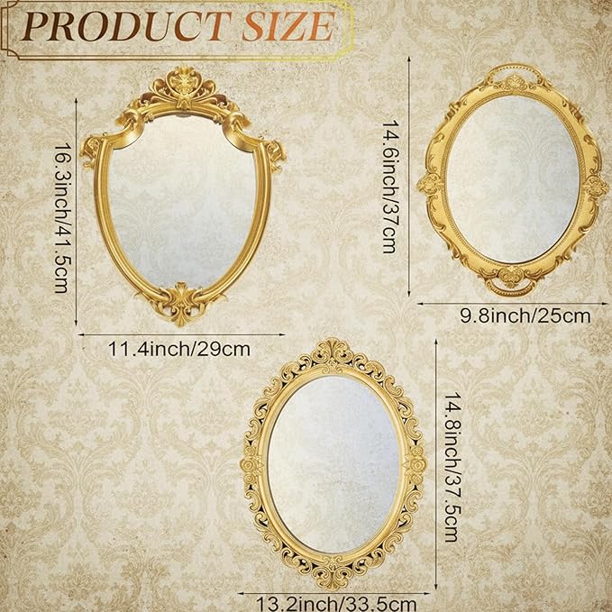 3 Styles Vintage Mirrors Set Decorative Oval Wall Mirror Small Antique Mirrored Tray Decorative Retro Hanging Mirror for Bathroom Bedroom Jewelry Organizer Victorian Decor(Gold)