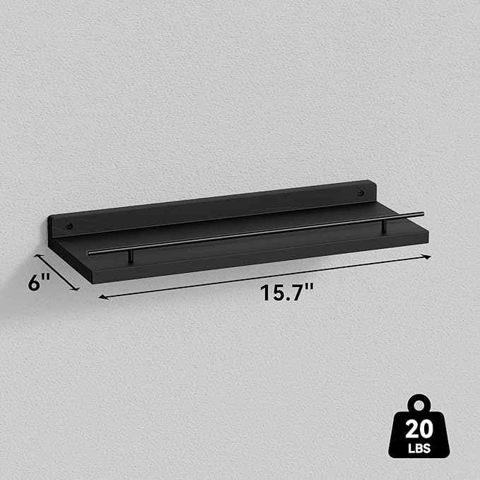 WOPITUES Floating Shelves with Black Metal Guardrail, Shelves for Wall Decor Set of 3, Wall Shelves for Bedroom, Bathroom, Kitchen, Living Room, Plants, Picture Frames, Art- Black