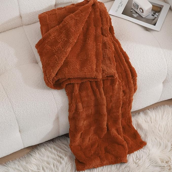 Burnt Orange Fleece Throw Blanket 108”×90” for Couch Sofa Bed,Super Soft Cozy Plush Microfiber Flannel Blanket with 3D Checkered Design Lightweight for Adults,Woman,Girls