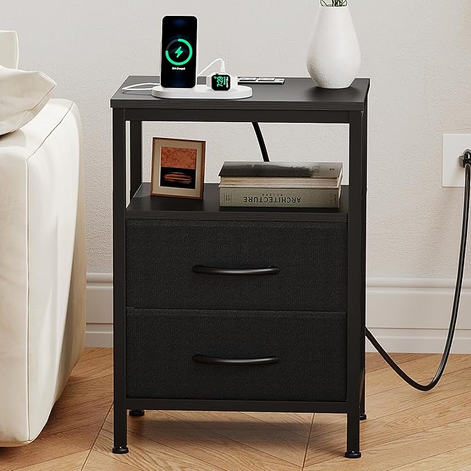 DUMOS Nightstand Set of 2 with Built in Charging Station USB Ports and Outlets Adjustable Fabric Drawer Storage Bedside Table with Open Shelf for Bedroom,Black