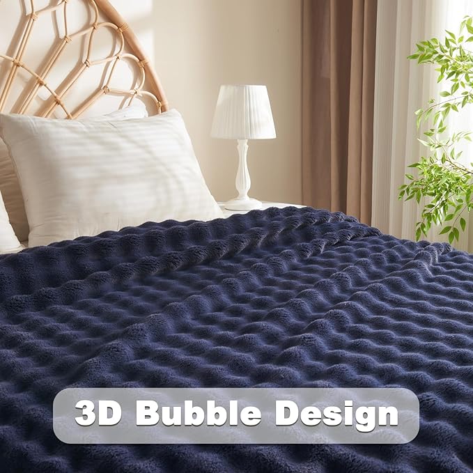 NEWCOSPLAY Twin Blanket for Couch Dark Navy Super Soft Flannel Fleece 3D Bubble Lightweight Bed Blanket All Season Use (Dark Navy, Twin(60"x80"))