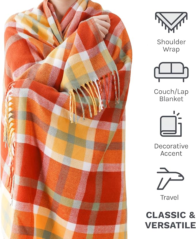 BATTILO HOME Fall Blanket Throw for Couch, Orange Plaid Throw Blankts, Burnt Orange Throw Blankets Farmhouse Style, Super Soft Decorative Multicolor Throw for Fall Decoration 50"x60"