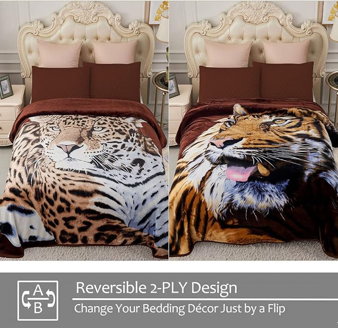 JYK Korean Mink Fleece Blanket Queen Size 75"x 87", 5 LB - 2 Ply Reversible 520GSM Silky Soft Plush Warm Flannel Blanket for Fall Winter (Queen, Tiger/Leopard)