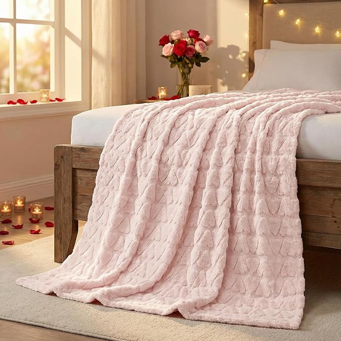 Horaldaily Valentine Blanket Throw, Pink Cute Love Heart Soft Fuzzy Plush Faux Fur Cozy Blankets for Couch Sofa Bed Lounging, Ideal Gifts for Kids Adults Wife Self, 50x60