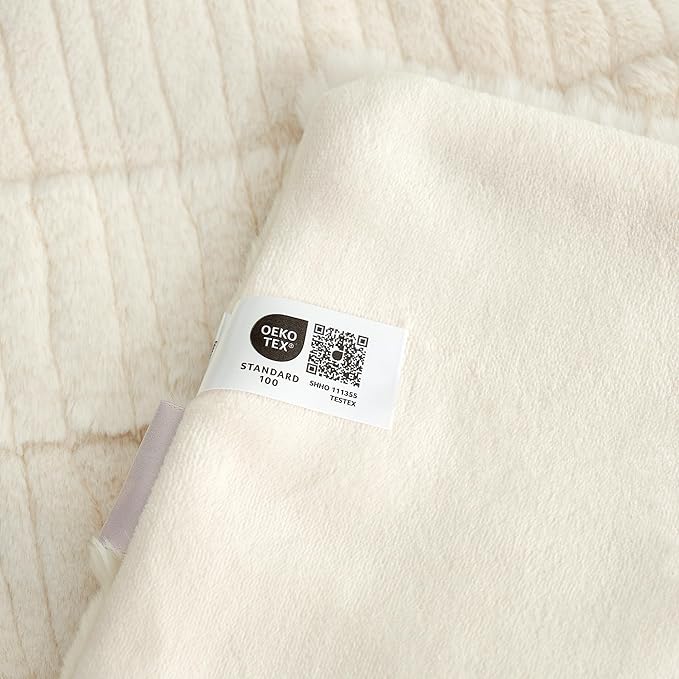 Amélie Home Luxury Striped Faux Fur Throw Blanket for Bed Queen Size, Soft Cozy Fuzzy Fluffy Plush Gift Blankets for Women, 88"x90", Ivory