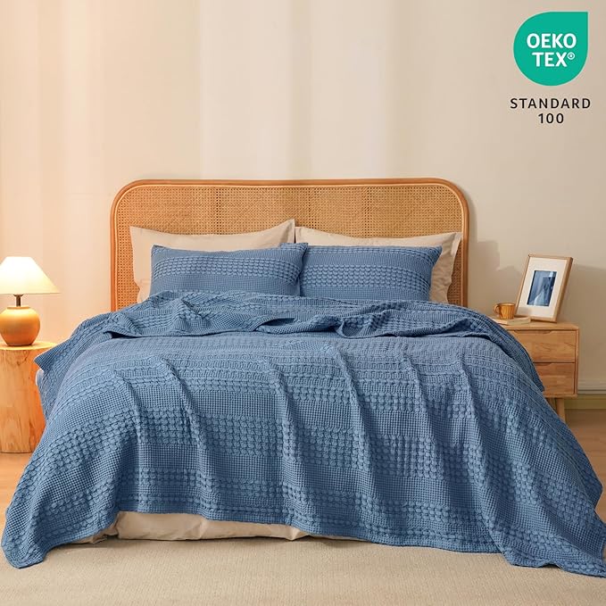 PHF 100% Cotton Waffle Weave Blanket King Size for Bed, Soft Lightweight & Breathable for Spring and Summer, All-Season Comfort, Luxury Aesthetic Blanket for Home Decor, 108"x90", Denim Blue