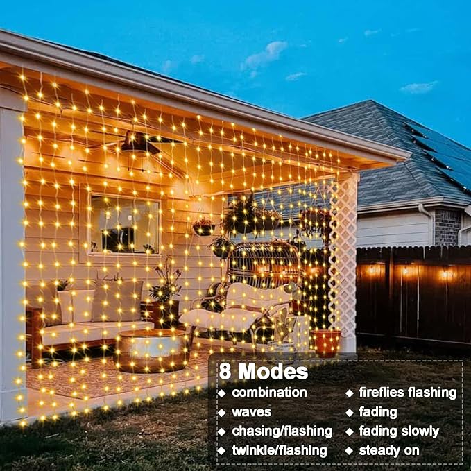 echosari Curtain Lights Battery Operated 200 LED Curtain Fairy Lights 6.6×6.6ft with Remote Timer Outdoor Wall Light Fully Waterproof for Wedding Backdrops Bedroom Decor (Warm White)