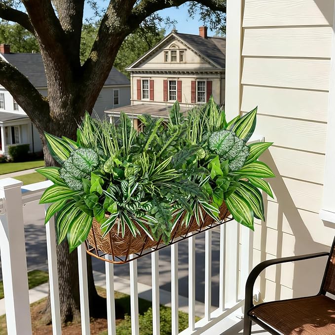 12 Bundles Large Outdoor Artificial Plants UV Resistant Fake Greenery Stems Faux Plastic Leaves Bushes for Front Porch Outside Patio Garden Yard Home Decor