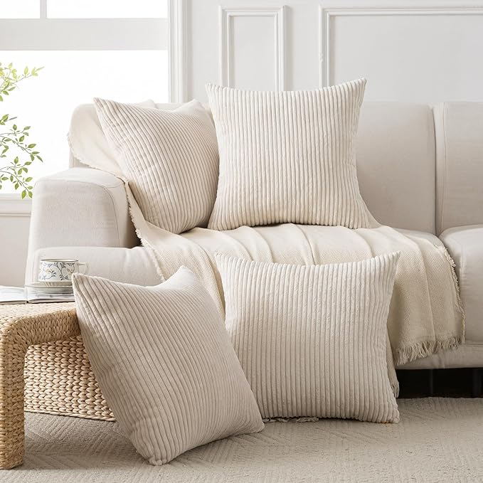 Volcanics Set of 4 Beige Cream Corduroy Decorative Couch Throw Pillow Covers 18x18 Inch, Modern Double-Sided Striped Cushion Cases, Soft Boho Square Accent Pillow Covers, Mix and Match for Home Decor
