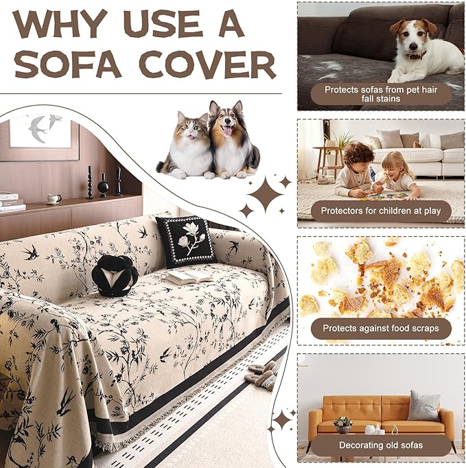 HANDONTIME Couch Cover for Dogs Washable Bird Floral Pattern Slipcovers for Couches and Sofas Camel Sofa Covers with Black Jacquard Flower Chenille Couch Cover Blanket Pet Friendly, 71" X 134"