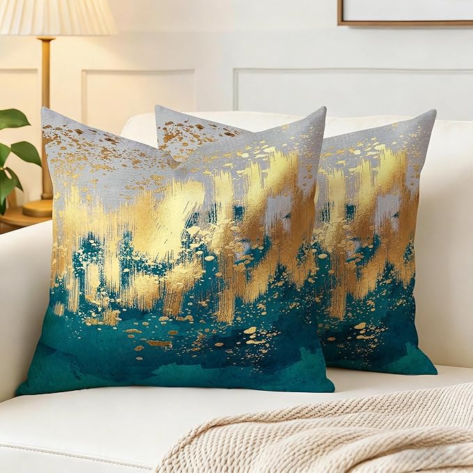 Emerald Green and Gold Throw Pillow Covers Set of 2 18x18 Inch, Teal Gold Modern Decorative Square Pillowcases for Couch Sofa Living Room Bedroom Car Office, Christmas Green Pillow Covers, Home Decor