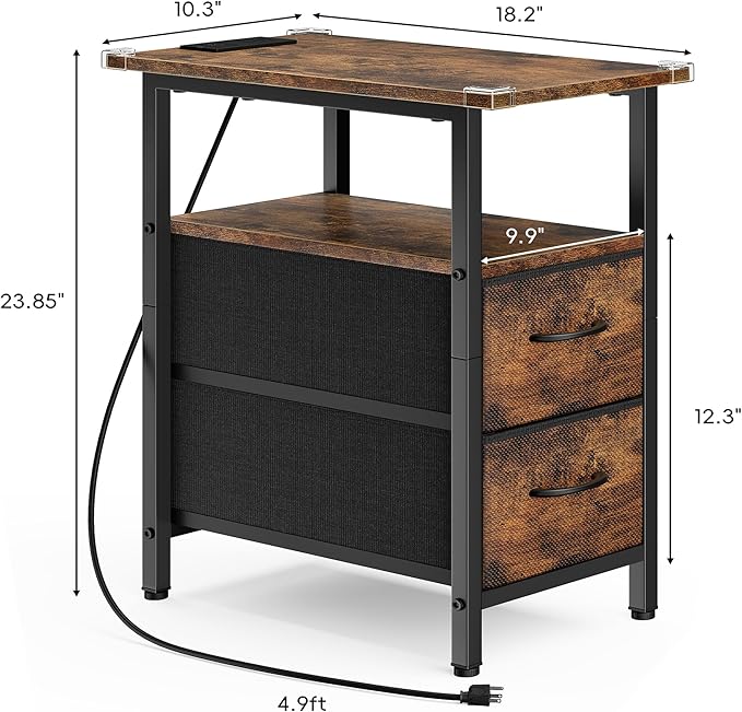 Vagusicc End Table with Charging Station, Narrow Side Table, 23.8'' Tall Nightstand with 2 Fabric Drawers, Small Sofa Side Table Narrow Nightstand for Small Spaces, Bedroom, Bedside, Rustic Brown