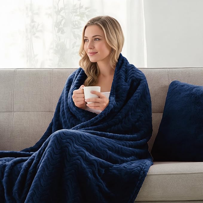 Exclusivo Mezcla Fleece Throw Blanket for Couch, Cozy Lightweight Blankets for All Season, Decorative Giftable Fuzzy Plush Wave Textured Throws for Women, Men, Navy Blue, 50x70 Inches