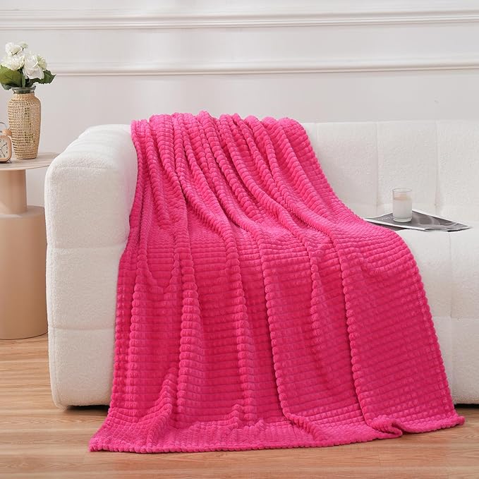 Puncuntex Flannel Fleece Throw Blanket Hot Pink 60"×80",Super Soft Plush Cozy Blanket with Square Grid Design Luxury for Couch Sofa Chair