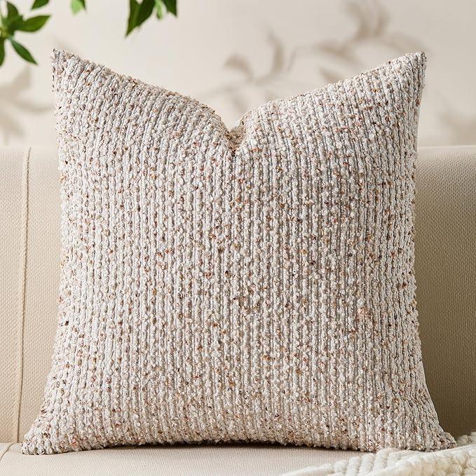 Allorry Decorative Couch Throw Pillow Covers 20x20 Beige Striped Soft Wool Pillow Covers Neutral Textured Boho Cushion Covers for Modern Farmhouse Sofa Bedroom Living Room Decor SY011-A20