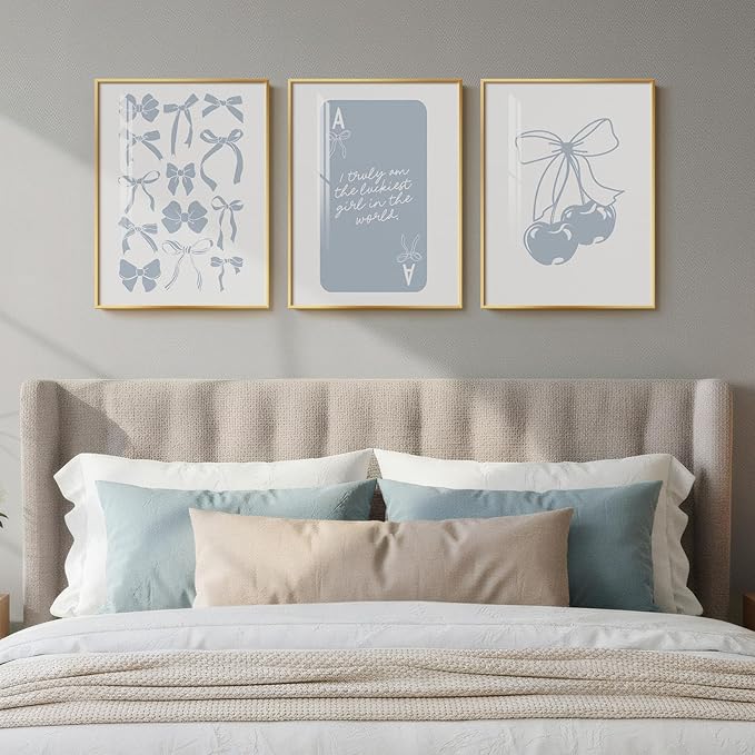 Framed Preppy Blue Wall Art for Room Decor, 3 Piece Bow Cherry Girly Artwork for Walls, Cute Aesthetic Blue Canvas Prints for Girls Bedroom Living Room Girly Room Apartment Wall Decor, 12x16 Inch