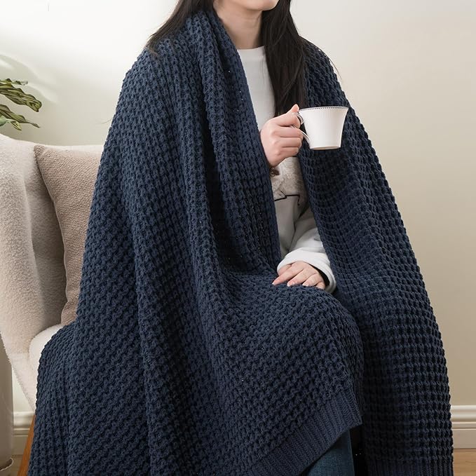 Bunnikins & Clover Navy Blue Throw Blanket for Couch, Knitted Blue Blanket Throw 60''x80'', Super Soft Waffle Navy Throws for Chair Sofa Home Decor