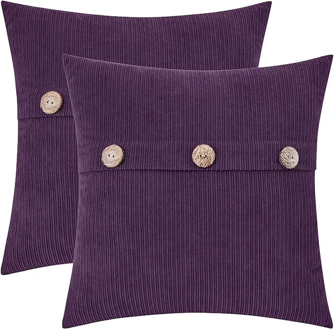 HWY 50 Purple Chenille Throw Pillow Covers 18x18 Inch with Triple Buttons, Soft Farmhouse Accent Decorative Cushion Cases for Couch Sofa Bed Living Room Bedroom Pack of 2