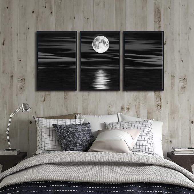 Wieco Art Framed 3 Panel Sea White Full Moon in Night Canvas Print Wall Art Black and White Ocean Beach for Living Room Bedroom Kitchen Home Decorations Modern Abstract Artwork
