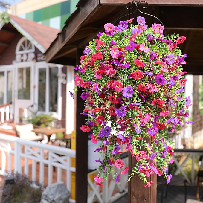 Artificial Flowers for Outdoors Spring Decor, 6 Bundles UV Resistant Realistic Fuax Silk Hanging Flowers, Fake Plants for Planter Indoor Outside Garden Porch Patio Balcony Yard(Fuchsia Purple)