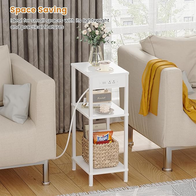 Tall End Table with Charging Station and USB Ports, 3 Tier Narrow Tall Bedside Table with Storage, Slim Nightstand with Outlets for Bedroom, Living Room, Nursery, Office, White