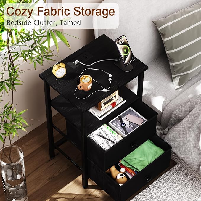 Night Stand with Charging Station, Small Bedside Table with 2 Fabric Drawers, Nightstand with USB Ports & Outlets for Bedroom, Living Room, Black, HETS020BK-1