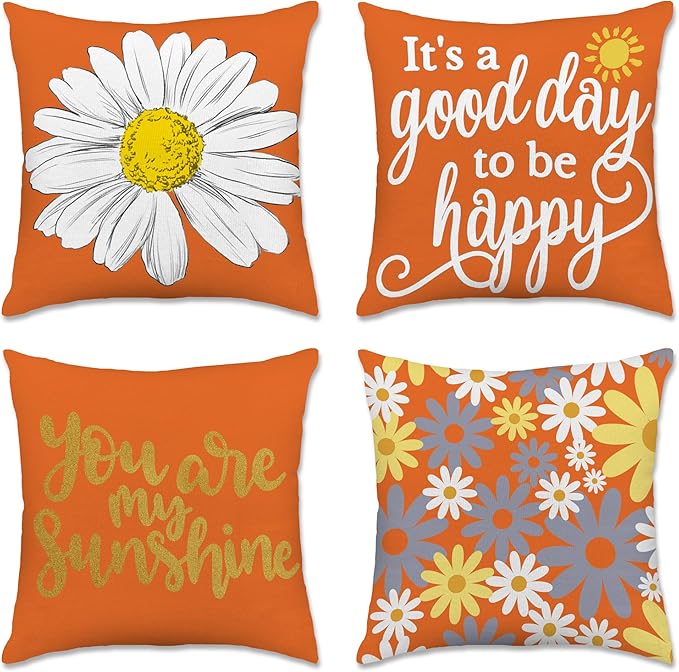 Hexagram Spring Summer Pillow Covers 18x18 Set of 4, Outdoor Floral Daisy Decorative Orange Throw Pillow Covers, You are My Sunshine Farmhouse Cushion Case for Couch Sofa Indoor Home Decor(No Insert)