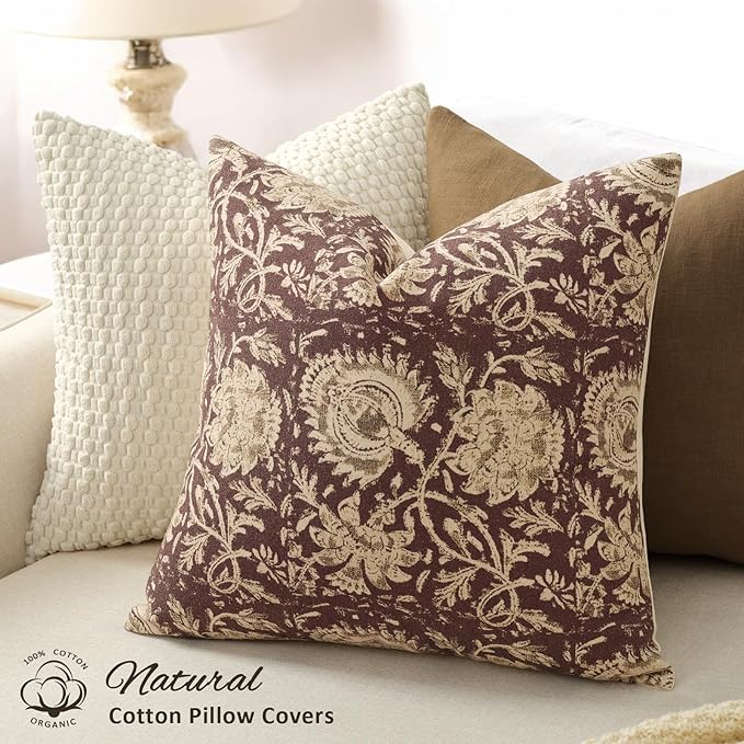 Vintage Floral Print Throw Pillow Covers 12x20 Set of 2 Neutral Modern Farmhouse Pillow Cases Accent Decorative Cushion Covers Boho Home Decor for Couch Sofa Chair Bed Living Room, Oxblood