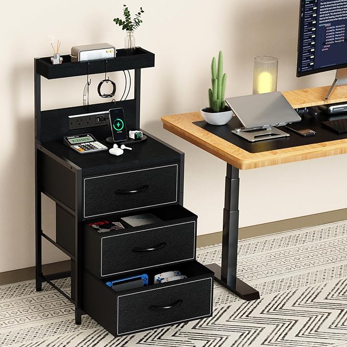 LED Nightstand with Charging Station, Night Stand with 3 Drawers and Lights, Storage Side Table with Shelf and Hooks, Tall End Table for Bedside, Bedroom, Modern Black