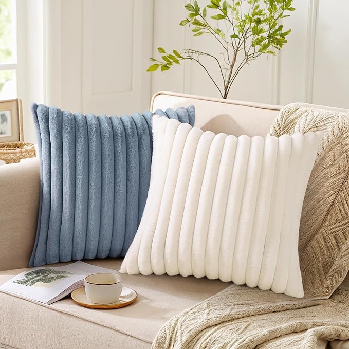 Pallene Faux Fur Plush Throw Pillow Covers 26x26 Set of 2, Luxury Soft Fluffy Striped Decorative Pillow Covers for Sofa, Couch, Living Room, Blue Grey