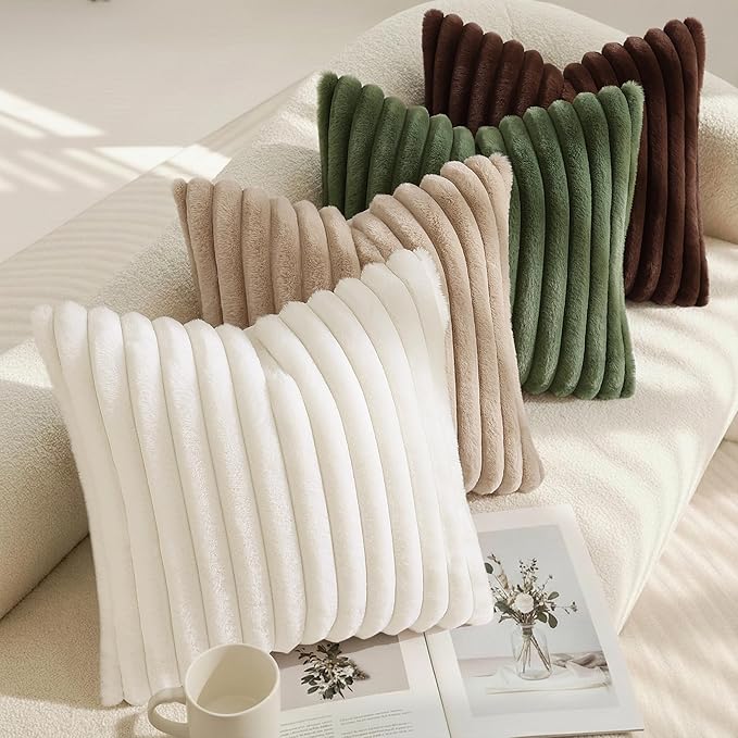 decorUhome Summer Cozy Faux Fur Throw Pillow Covers 16x16 Set of 2 Decorative Soft Plush Striped Modern Farmhouse Boho Couch Pillow Cases with Velvet Back for Sofa Bed Living Room, Cream White