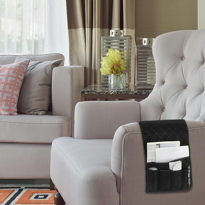 uxcell 2 Pcs Recliner Armchair Caddy, Couch Armrest Organizer with 5 Pockets for Bedside Sofa Remote Control Holder Magazine Phone Book Glasses (Brown, 35"x13")
