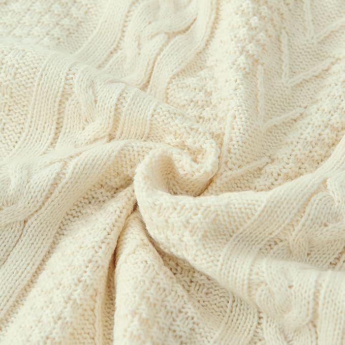 Longhui bedding Cream Acrylic Cable Knit Sherpa Throw Blanket - Thick, Soft, Big, Cozy Knitted Fleece Blankets for Couch, Sofa, Bed - Large 60 x 80 Inches Beige Coverlet All Season
