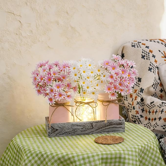 Mason Jar Lights Centerpiece Table Decor for Dining Room – Farmhouse Wood Tray with 3 Jars, Pink & White Daisy Flowers, Valentines Day & Wedding Decoration for Coffee Table, Kitchen, Living Room